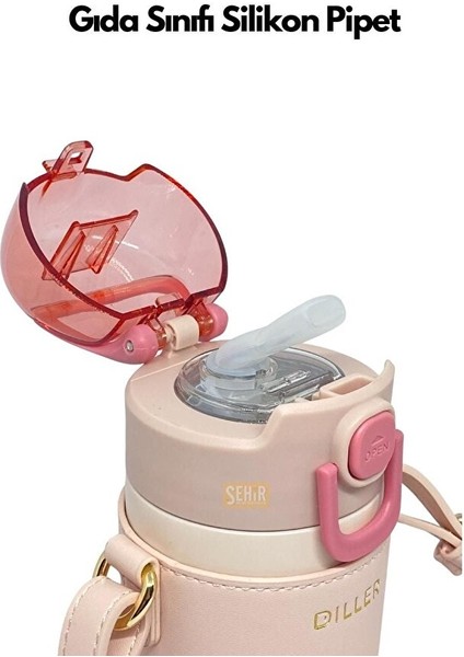 Diller 360ML Moda Deri Kılıflı Pipetli Askılı Pastel Renkli Paslanmaz Çelik Termos Matara Pembe fiyatları