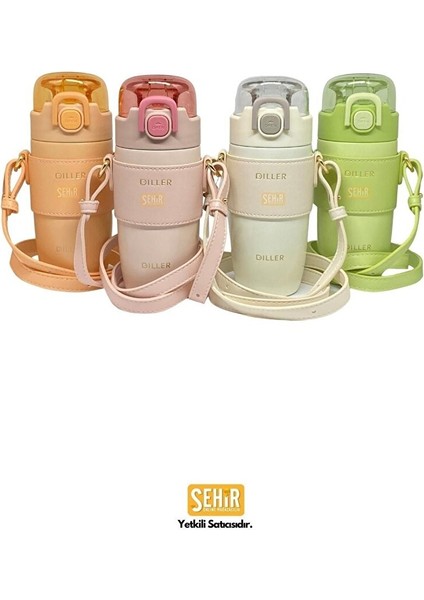Diller 360ML Moda Deri Kılıflı Pipetli Askılı Pastel Renkli Paslanmaz Çelik Termos Matara Pembe fırsatları