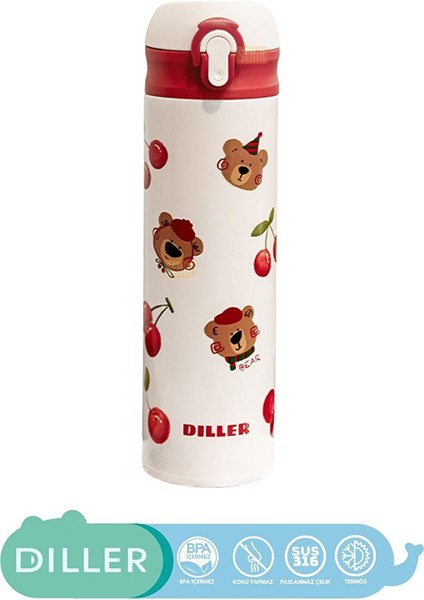 Diller 480ML Yeni Koleksiyon Sevimli Hayvanlar Desenli Pipetli Kilitlenebilir Kapak Paslanmaz Çelik Termos Diller Bear