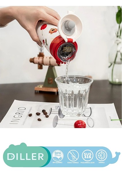 Diller 480ML Yeni Koleksiyon Sevimli Hayvanlar Desenli Pipetli Kilitlenebilir Kapak Paslanmaz Çelik Termos Diller Bear modelleri