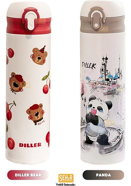 Diller 480ML Yeni Koleksiyon Sevimli Hayvanlar Desenli Pipetli Kilitlenebilir Kapak Paslanmaz Çelik Termos Diller Bear