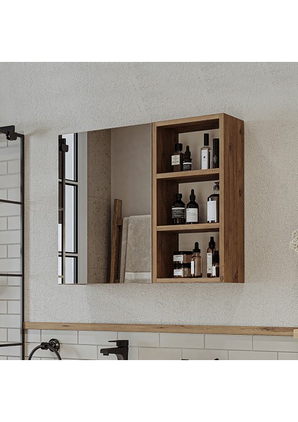 Banyo Dolabı Kulpsuz Tek Kapaklı Atlantik Çam Mdf 75 cm Aynalı Banyo Üst Dolabı