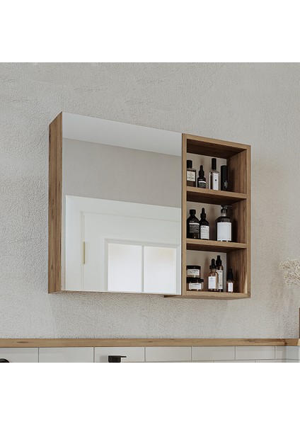 Banyo Dolabı Kulpsuz Tek Kapaklı Atlantik Çam Mdf 75 cm Aynalı Banyo Üst Dolabı