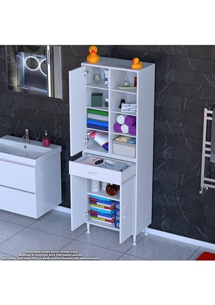 Afra 65X173X32,5 cm 1 Çekmece 3 Kapak 7 Raf 10 Bölme Çok Amaçlı Banyo & Mutfak Dolabı