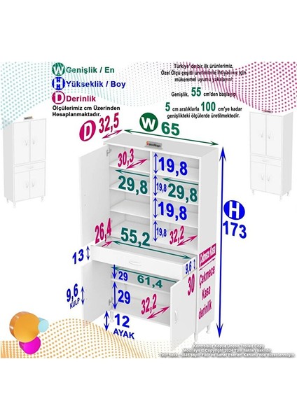 Afra 65X173X32,5 cm 1 Çekmece 3 Kapak 7 Raf 10 Bölme Çok Amaçlı Banyo & Mutfak Dolabı