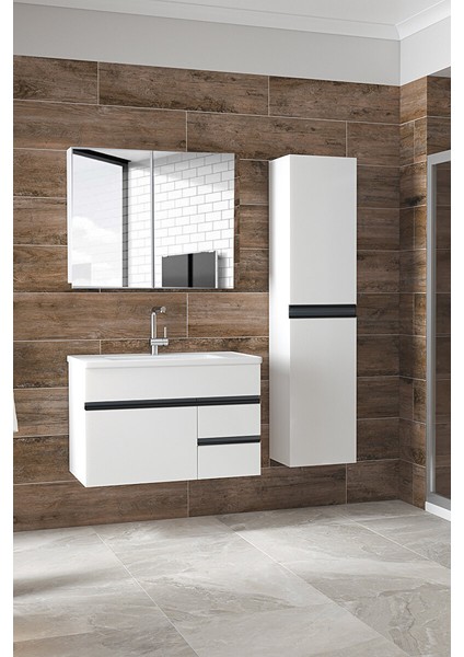 Esen Beyaz-Siyah 80+35 cm Boy Dolaplı-Ayna Dolaplı-Seramik Lavabolu Banyo Takımı-Mdf