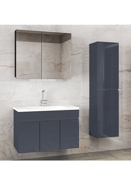 Antrasit 80+35 cm Mdf-Aynalı Seramik Lavabolu Banyo Dolabı Takımı