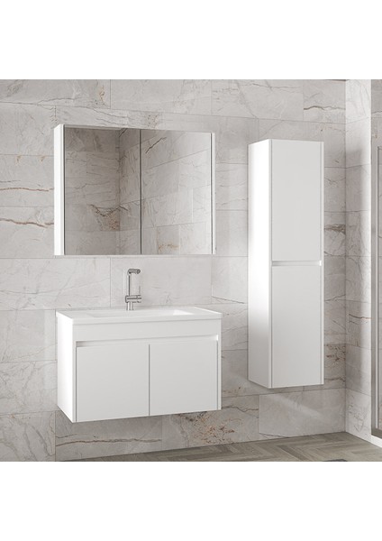 Estella-Ea Beyaz 80 cm +35 cm Mdf-Aynalı Boy Dolaplı-Seramik Lavabolu Banyo Dolabı