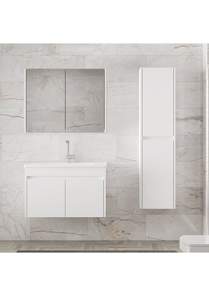 Estella-Ea Beyaz 80 cm +35 cm Mdf-Aynalı Boy Dolaplı-Seramik Lavabolu Banyo Dolabı modelleri
