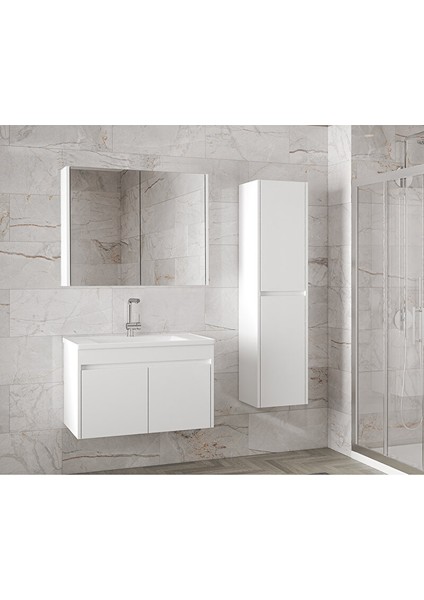 Estella-Ea Beyaz 80 cm +35 cm Mdf-Aynalı Boy Dolaplı-Seramik Lavabolu Banyo Dolabı fırsatları