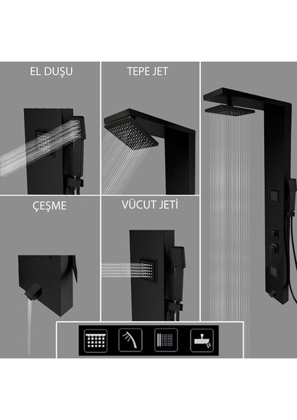Atlas Siyah Premium Lena Masajlı Duş Paneli - Dikey Jakuzi - Robot Duş - El Duşu - Lüx Duş fırsatları