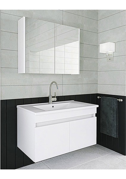Beyaz 80 cm Seramik Lavabolu, Ayna Dolaplı Banyo Dolabı Takımı-Mdf fiyatları