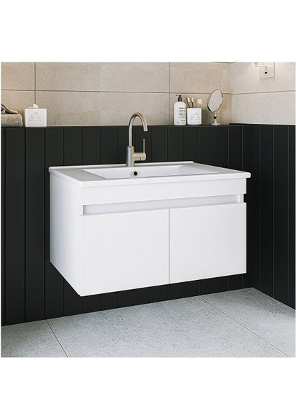 Beyaz 80 cm Seramik Lavabolu, Ayna Dolaplı Banyo Dolabı Takımı-Mdf fırsatları