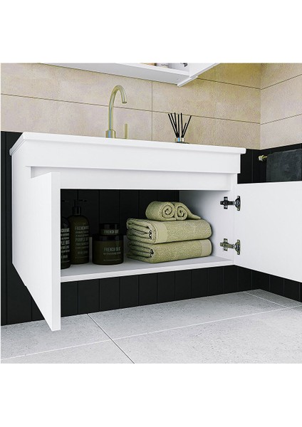 Beyaz 80 cm Seramik Lavabolu, Ayna Dolaplı Banyo Dolabı Takımı-Mdf indirimleri