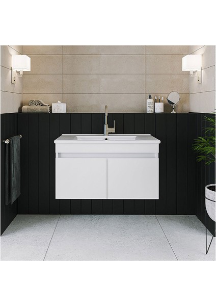 Beyaz 80 cm Seramik Lavabolu, Ayna Dolaplı Banyo Dolabı Takımı-Mdf