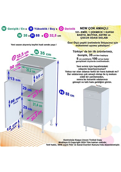 Emir 35 x 88 x 32,5 cm Kapaklı ve Çekmeceli Çok Amaçlı Banyo&mutfak Dolabı