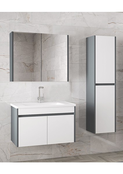 Estella-Ea 65 cm + 35 cm Mdf-Ayna Dolaplı, Seramik Lavabolu Banyo Dolabı Takımı