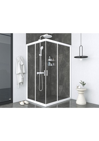 Iskit Duşakabin 90 x 140 Dikdörtgen Şeffaf Cam Köşe Girişli Kabin Beyaz Profil 6mm 90X140 cm