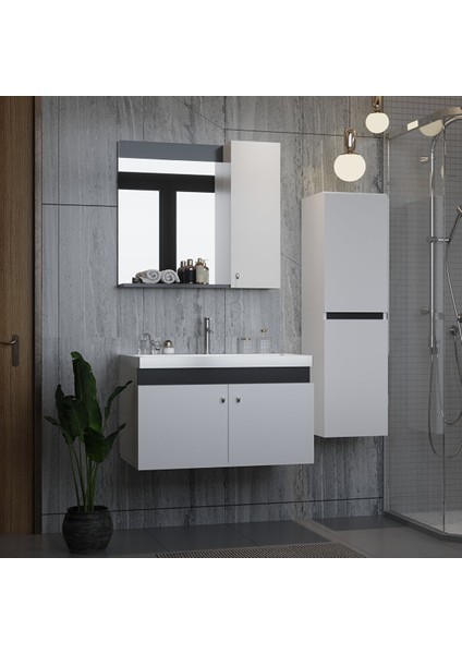 New Bahar 80 cm Banyo Dolabı Takımı Lavabo Dahil, Boy Dolap Hediyeli, Lavabolu,aynalı Banyo Dolabı