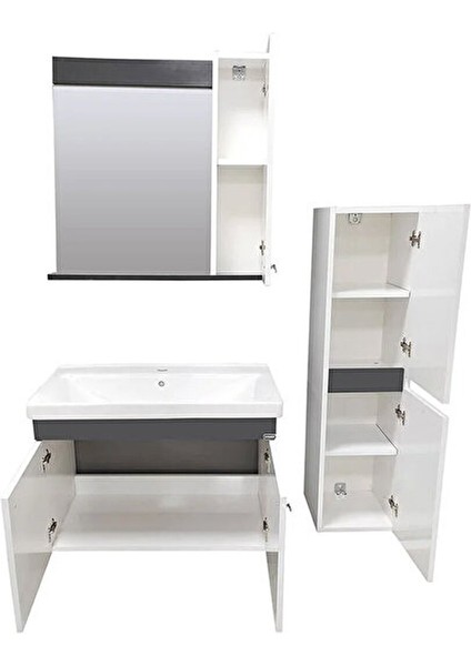 New Bahar 80 cm Banyo Dolabı Takımı Lavabo Dahil, Boy Dolap Hediyeli, Lavabolu,aynalı Banyo Dolabı