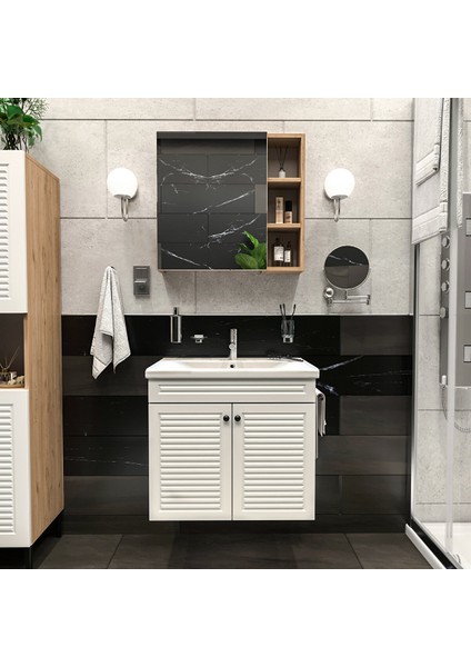 Panjur Kapaklı | Aynalı | Lavabolu | Askılı | Banyo Lavabo Dolabı Seti | Luxe | Ahşap - Beyaz Sepet - Beyaz modelleri