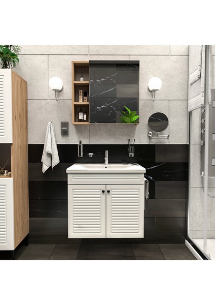 Panjur Kapaklı | Aynalı | Lavabolu | Askılı | Banyo Lavabo Dolabı Seti | Luxe | Ahşap - Beyaz Sepet - Beyaz fırsatları