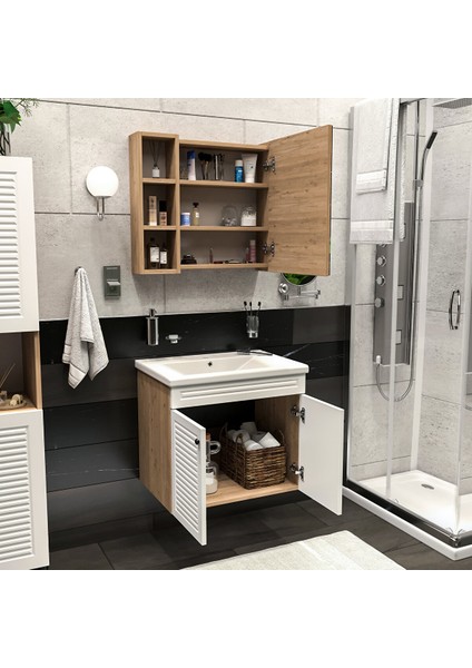 Panjur Kapaklı | Aynalı | Lavabolu | Askılı | Banyo Lavabo Dolabı Seti | Luxe | Ahşap - Beyaz Sepet - Beyaz indirimleri