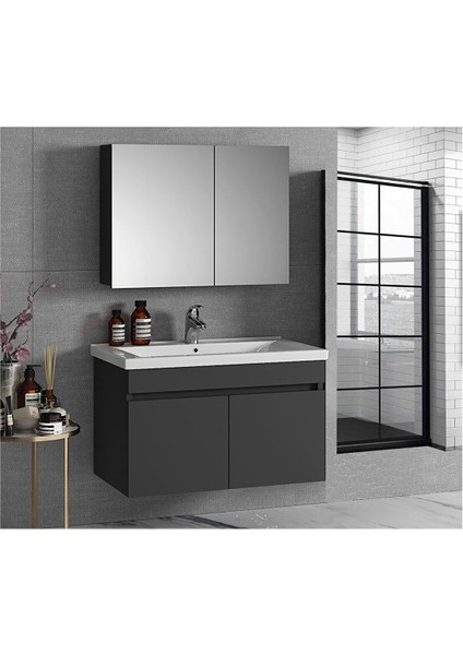 Antrasit 80 cm Seramik Lavabolu, Ayna Dolaplı Banyo Dolabı Takımı