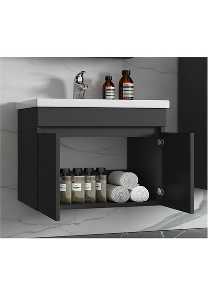 Antrasit 80 cm Seramik Lavabolu, Ayna Dolaplı Banyo Dolabı Takımı modelleri