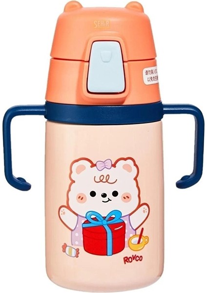 Rovco 400ML Silikon Pipetli Sevimli Ayıcıklı Boyun Askılı Bebek Kulplu Paslanmaz Çelik Termos Turuncu