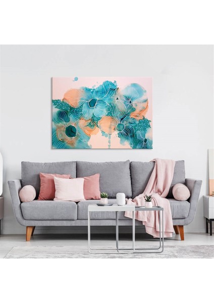 Tablolife Turkuaz Çiçekler - Yağlı Boya Dokulu Tablo 100X150 Çerçeve - Gold 100X150 cm