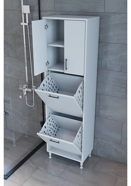Nergiz Beyaz ve Renkli Kirli Çamaşır Sepetli Çok Amaçlı Banyo Dolabı