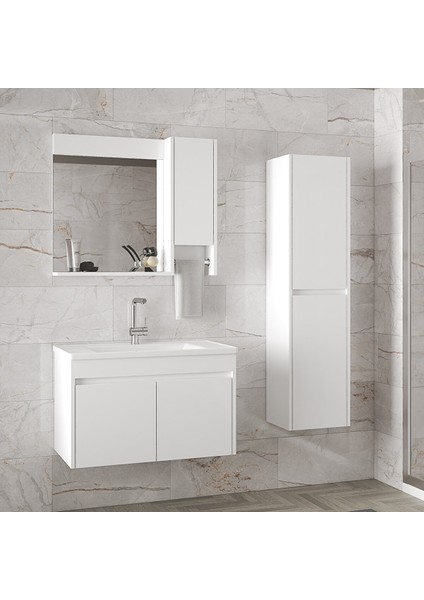 Estella-Oa Beyaz 65+35 cm Mdf-Seramik Lavabolu Banyo Dolabı Takımı