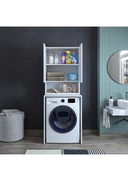 Çok Amaçlı Banyo Üst Dolaplı Çamaşır Makinesi Dolabı Takımı Beyaz Cd7