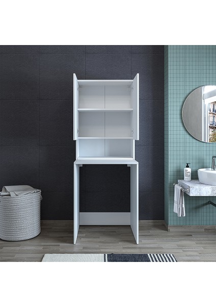 Çok Amaçlı Banyo Üst Dolaplı Çamaşır Makinesi Dolabı Takımı Beyaz Cd7
