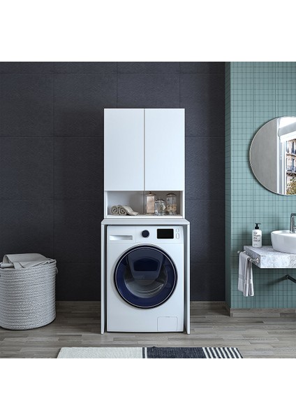 Çok Amaçlı Banyo Üst Dolaplı Çamaşır Makinesi Dolabı Takımı Beyaz Cd7