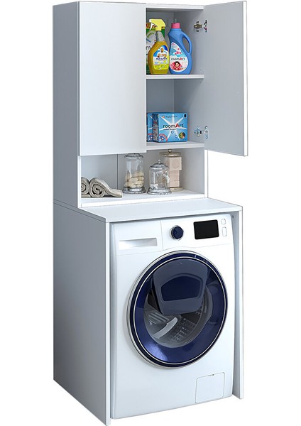 Çok Amaçlı Banyo Üst Dolaplı Çamaşır Makinesi Dolabı Takımı Beyaz Cd7