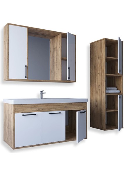 Lizbon 100 cm Mdf Banyo Dolabı Seti ve Boy Dolabı Beyaz - Meşe