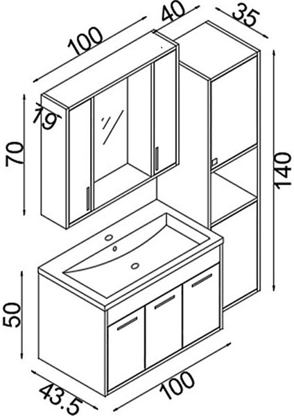 Lizbon 100 cm Mdf Banyo Dolabı Seti ve Boy Dolabı Beyaz - Meşe