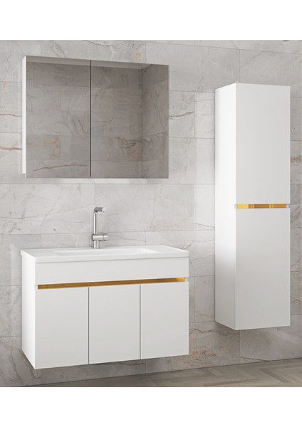 Beyaz 80+35 cm Mdf-Aynalı Seramik Lavabolu Banyo Dolabı Takımı