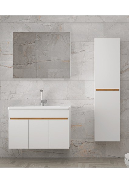 Beyaz 80+35 cm Mdf-Aynalı Seramik Lavabolu Banyo Dolabı Takımı modelleri