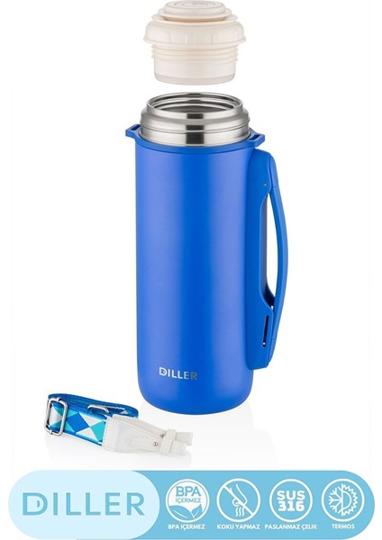 Diller Yeni Koleksiyon 1260ML Kulplu Fincan-Kapaklı Askılı Paslanmaz Çelik Termos Kamp Matarası Lacivert modelleri