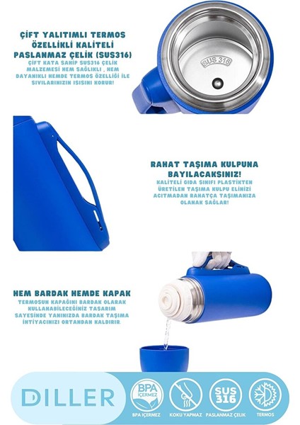 Diller Yeni Koleksiyon 1260ML Kulplu Fincan-Kapaklı Askılı Paslanmaz Çelik Termos Kamp Matarası Lacivert