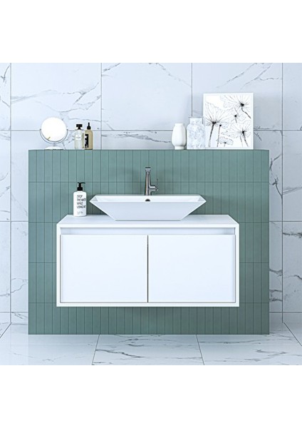 Banos Banyo Ld7 Ayaksız 2 Kapaklı Lavabolu Mat Beyaz Mdf 100 cm Banyo Dolabı