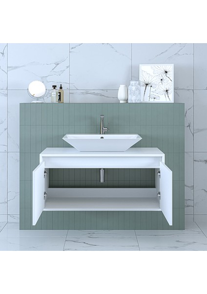 Banos Banyo Ld7 Ayaksız 2 Kapaklı Lavabolu Mat Beyaz Mdf 100 cm Banyo Dolabı