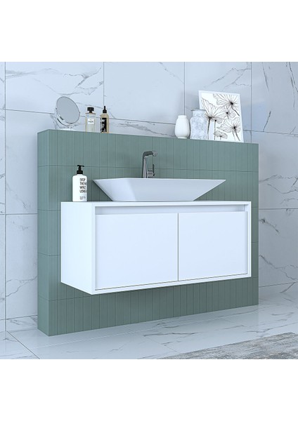 Banos Banyo Ld7 Ayaksız 2 Kapaklı Lavabolu Mat Beyaz Mdf 100 cm Banyo Dolabı