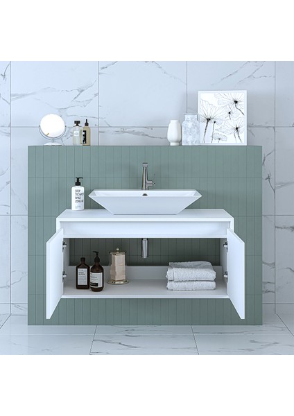 Banos Banyo Ld7 Ayaksız 2 Kapaklı Lavabolu Mat Beyaz Mdf 100 cm Banyo Dolabı