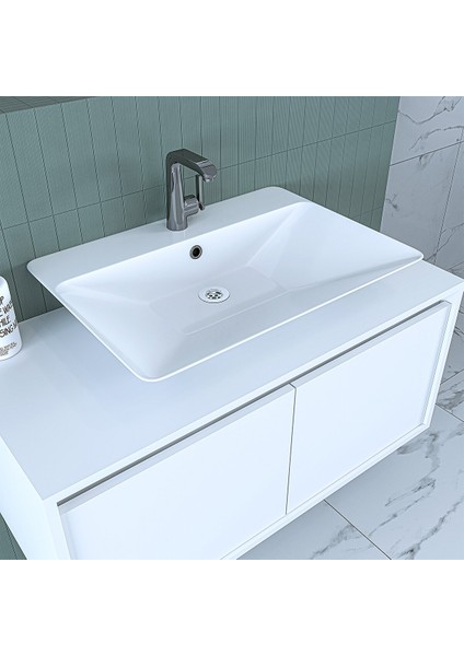 Banos Banyo Ld7 Ayaksız 2 Kapaklı Lavabolu Mat Beyaz Mdf 100 cm Banyo Dolabı