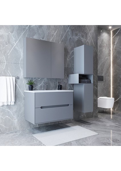 Home Madrid 80 cm Mdf Banyo Dolabı Seti ve Boy Dolabı Sis Gri