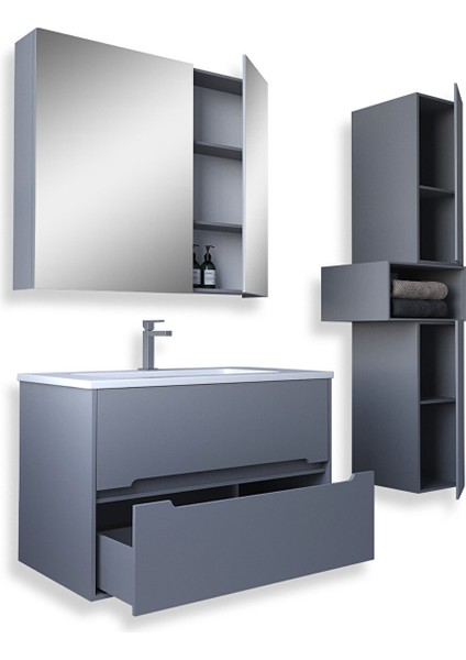 Home Madrid 80 cm Mdf Banyo Dolabı Seti ve Boy Dolabı Sis Gri